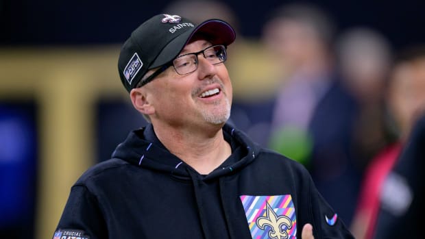 New Orleans Saints offensive coordinator Pete Carmichael smiles before a game against the Jacksonville Jaguars at the Caesars Superdome.